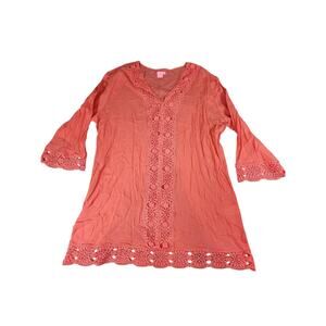 Isaac Mizrahi New York Coral Lace Trim Tunic Top XXL Boho Cotton Blouse